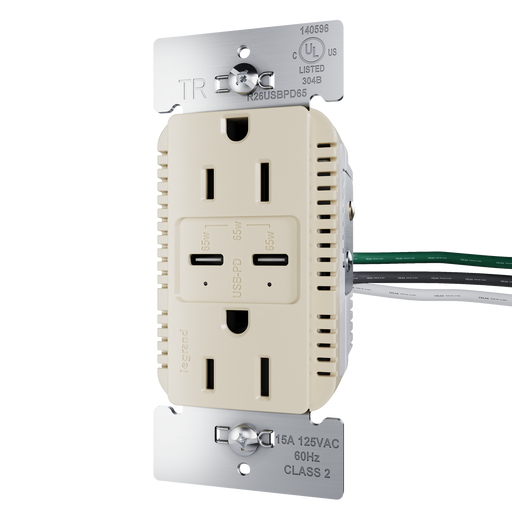 Pass and Seymour Radiant 65W Power Delivery USB Outlet Tamper-Resistant Duplex 15A Ivory (R26USBPD65I)