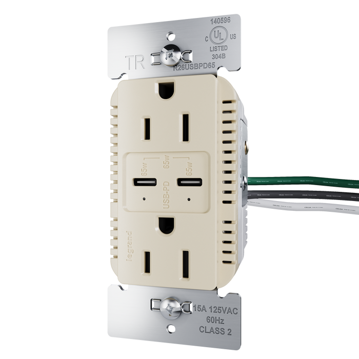 Pass and Seymour Radiant 65W Power Delivery USB Outlet Tamper-Resistant Duplex 15A Ivory (R26USBPD65I)