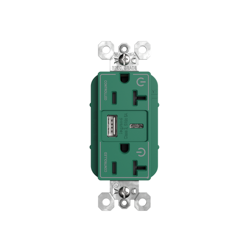 Pass and Seymour 20A 125V Tamper-Resistant Duplex Receptacle With USB A/C Fast Charging Ports Dual Controlled Green (TR20USBAC6CDGN)