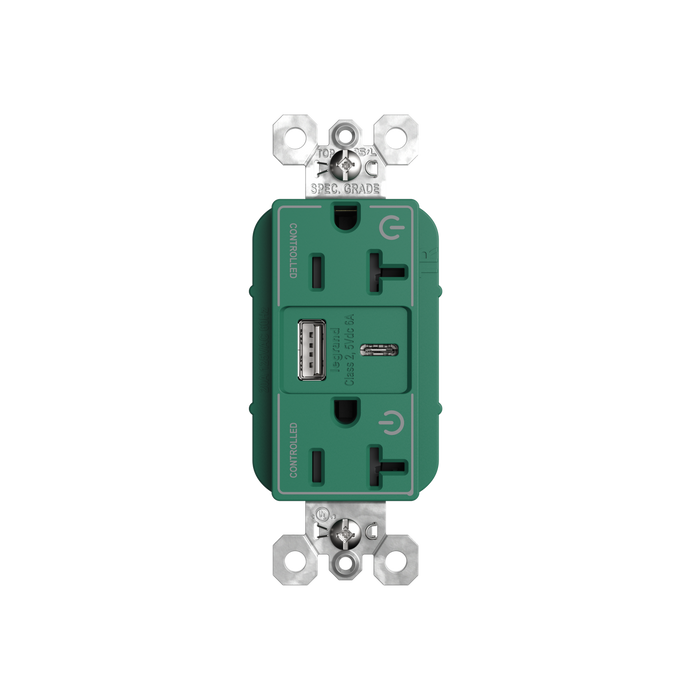 Pass and Seymour 20A 125V Tamper-Resistant Duplex Receptacle With USB A/C Fast Charging Ports Dual Controlled Green (TR20USBAC6CDGN)