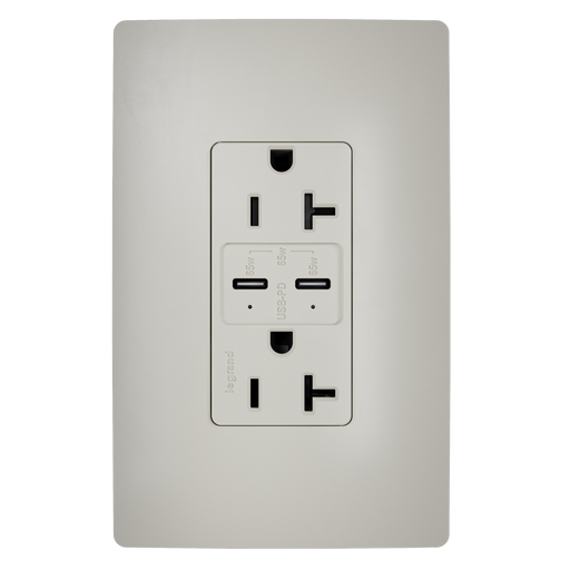 Pass and Seymour 65W Power Delivery USB Outlet Type C Tamper-Resistant Duplex 20A Nickel (TR20USBPD65NI)
