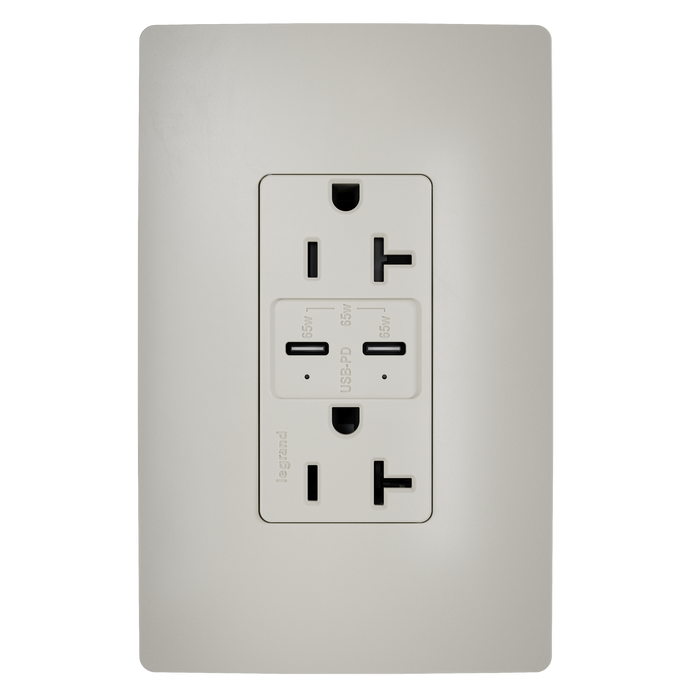 Pass and Seymour 65W Power Delivery USB Outlet Type C Tamper-Resistant Duplex 20A Nickel (TR20USBPD65NI)