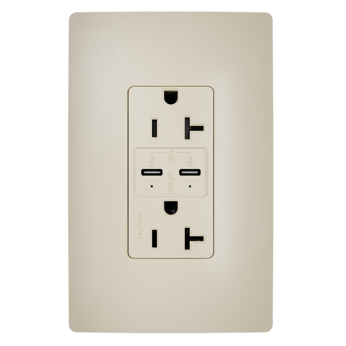 Pass and Seymour 65W Power Delivery USB Outlet Type C Tamper-Resistant Duplex 20A Ivory (TR20USBPD65I)