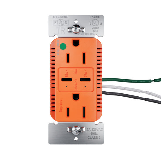 Pass and Seymour 65W Hospital Grade USB Outlet Type C 15A Tamper-Resistant Orange (TR15HUSBPD65OR)