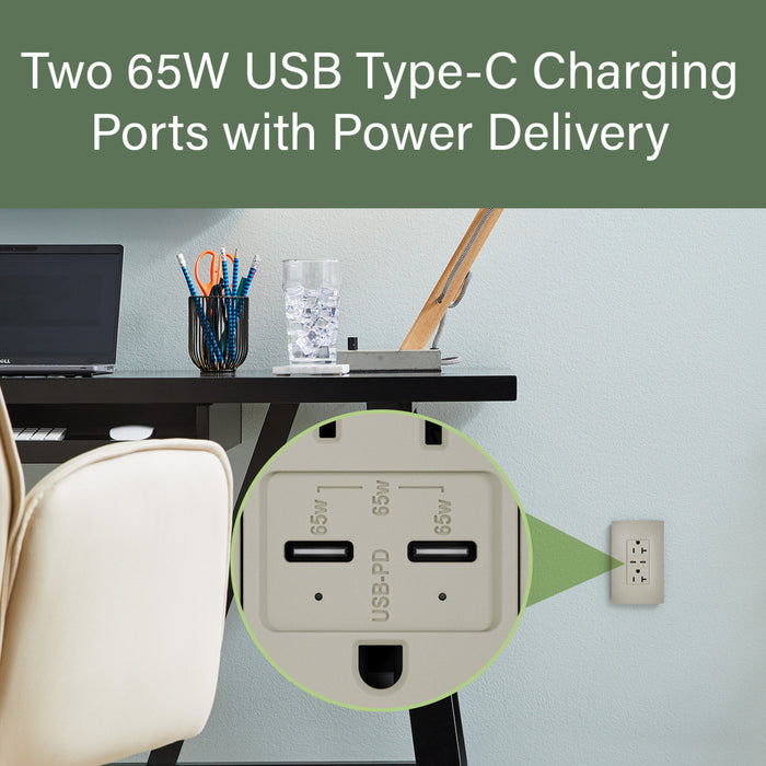Pass and Seymour 65W Power Delivery USB Outlet Type C Tamper-Resistant Duplex 20A Nickel (TR20USBPD65NI)