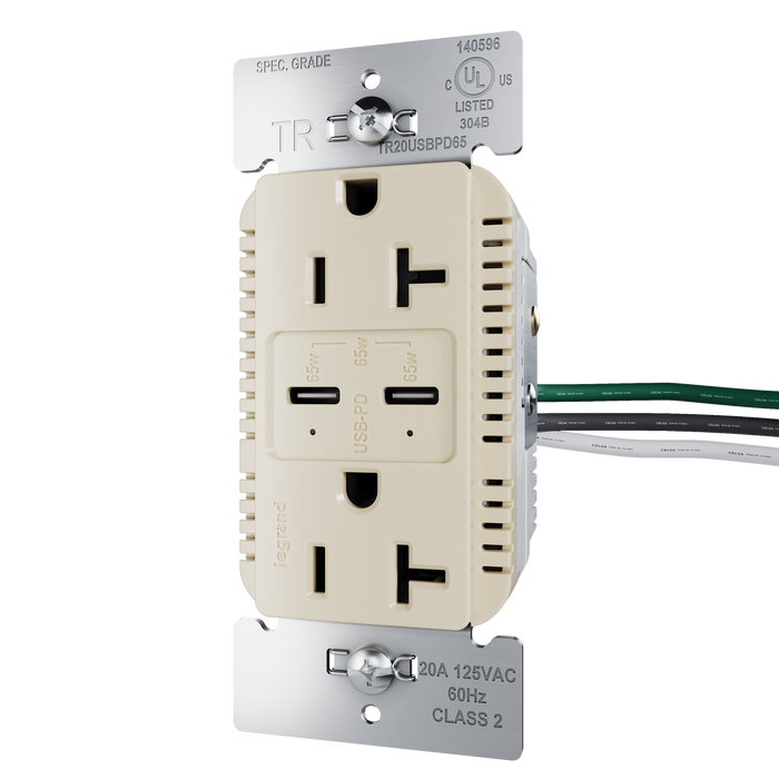 Pass and Seymour 65W Power Delivery USB Outlet Type C Tamper-Resistant Duplex 20A Ivory (TR20USBPD65I)