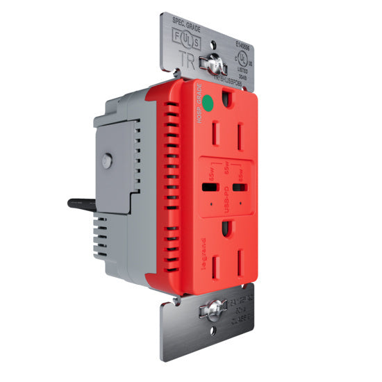 Pass and Seymour 65W Hospital Grade USB Outlet Type C 15A Tamper-Resistant Red (TR15HUSBPD65RED)