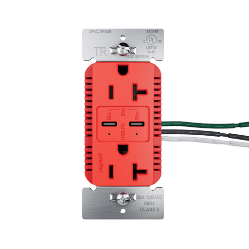 Pass and Seymour 65W Power Delivery USB Outlet Type C Tamper-Resistant Duplex 20A Red (TR20USBPD65RED)