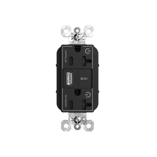 Pass and Seymour 20A 125V Tamper-Resistant Duplex Receptacle With USB A/C Fast Charging Ports Dual Controlled Black (TR20USBAC6CDBK)