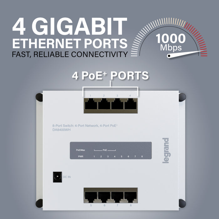 Pass and Seymour 8-Port Switch--4 Port Network/4 Port PoE Plus (DA8400WH)