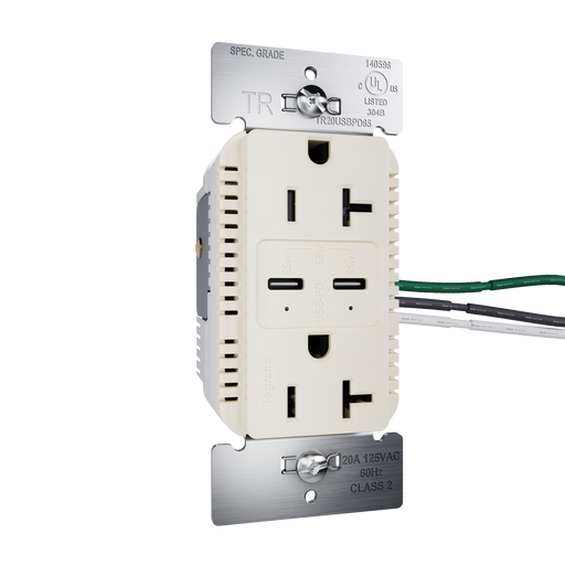 Pass and Seymour 65W Power Delivery USB Outlet Type C Tamper-Resistant Duplex 20A Light Almond (TR20USBPD65LA)