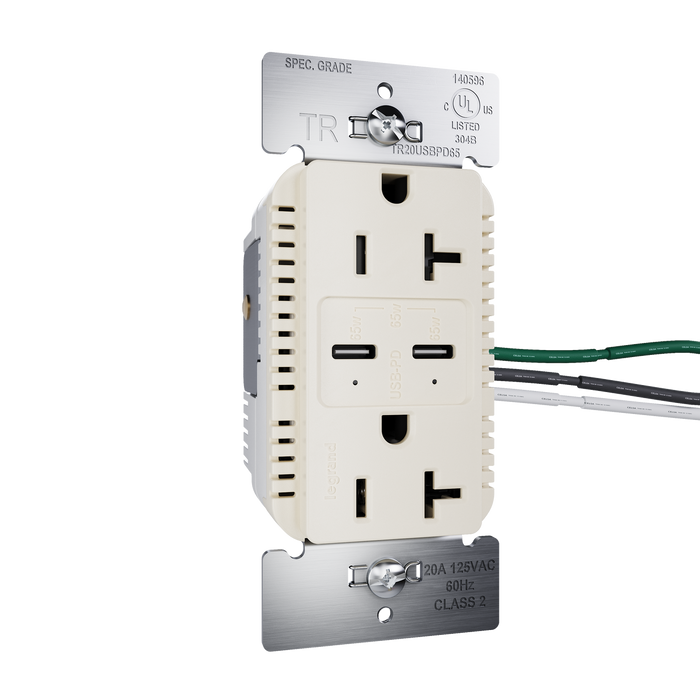Pass and Seymour 65W Power Delivery USB Outlet Type C Tamper-Resistant Duplex 20A Light Almond (TR20USBPD65LA)