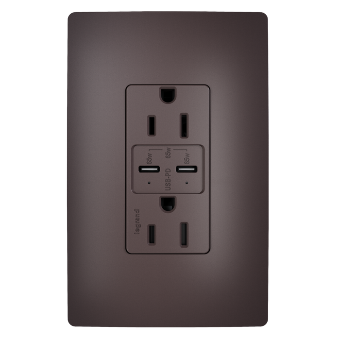 Pass and Seymour Radiant 65W Power Delivery USB Outlet Tamper-Resistant Duplex 15A Brown (R26USBPD65)