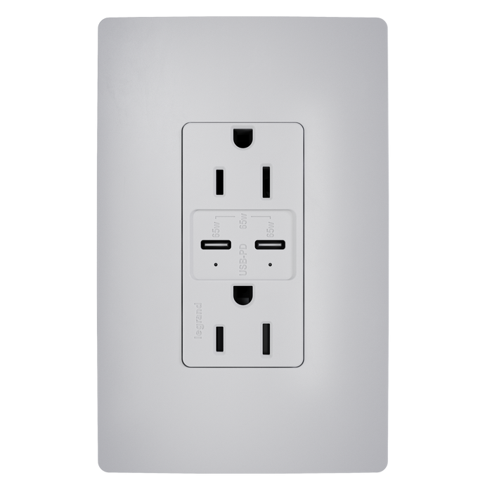 Pass and Seymour Radiant 65W Power Delivery USB Outlet Tamper-Resistant Duplex 15A Gray (R26USBPD65GRY)