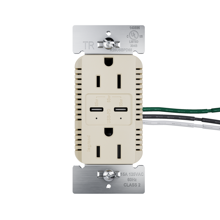 Pass and Seymour Radiant 65W Power Delivery USB Outlet Tamper-Resistant Duplex 15A Ivory (R26USBPD65I)