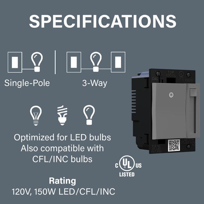 Pass and Seymour Adorne Paddle LED Dimmer 150W Single Pole 3-Way Magnesium (ADPD153LM2)