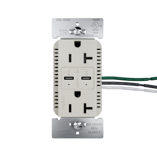Pass and Seymour 65W Power Delivery USB Outlet Type C Tamper-Resistant Duplex 20A Nickel (TR20USBPD65NI)