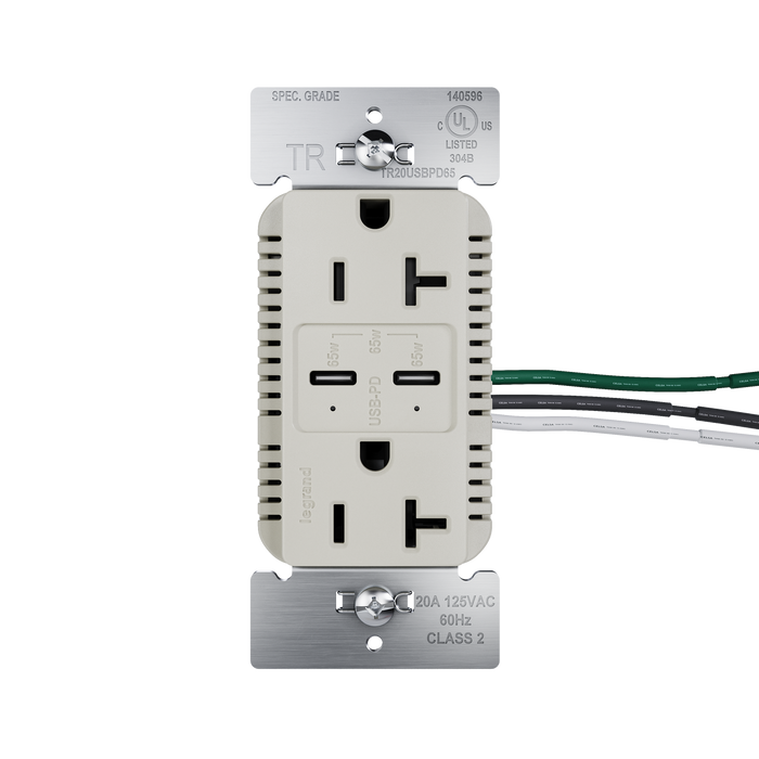 Pass and Seymour 65W Power Delivery USB Outlet Type C Tamper-Resistant Duplex 20A Nickel (TR20USBPD65NI)