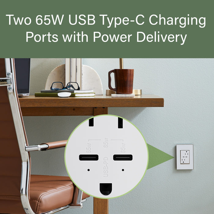 Pass and Seymour Adorne 65W USB Outlet Plus-Size Type C 15A Tamper-Resistant White (ARTRUSB15PD65W4)