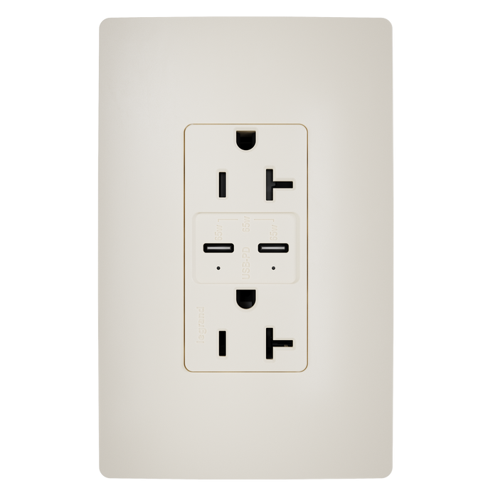 Pass and Seymour 65W Power Delivery USB Outlet Type C Tamper-Resistant Duplex 20A Light Almond (TR20USBPD65LA)