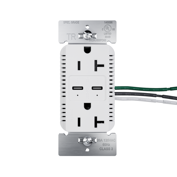 Pass and Seymour 65W Power Delivery USB Outlet Type C Tamper-Resistant Duplex 20A White (TR20USBPD65W)