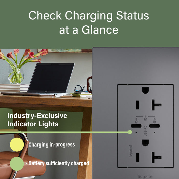 Pass and Seymour Adorne 65W USB Outlet Plus-Size Type C 20A Tamper-Resistant Magnesium (ARTRUSB20PD65M4)