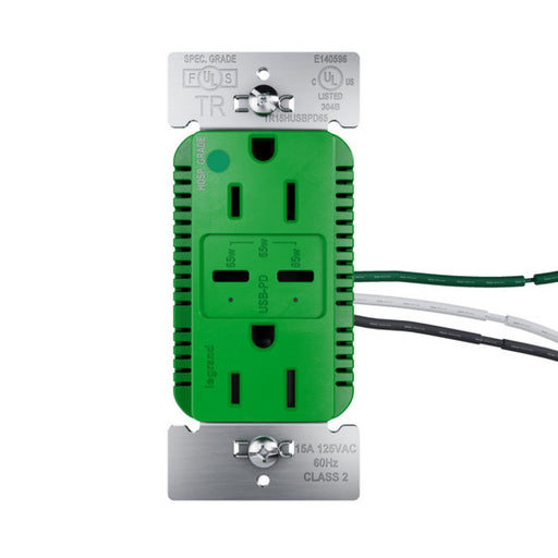Pass and Seymour 65W Hospital Grade USB Outlet Type C 15A Tamper-Resistant Green (TR15HUSBPD65GN)