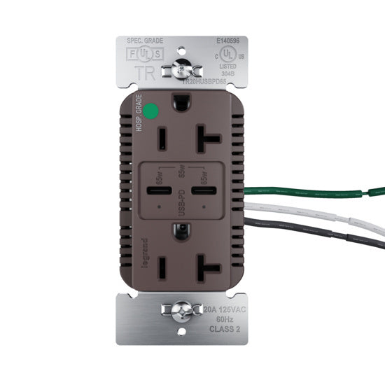 Pass and Seymour 65W Hospital Grade USB Outlet Type C 20A Tamper-Resistant Brown (TR20HUSBPD65)