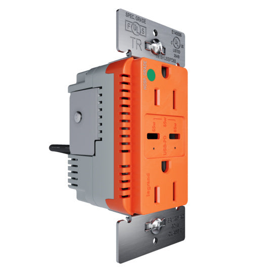 Pass and Seymour 65W Hospital Grade USB Outlet Type C 15A Tamper-Resistant Orange (TR15HUSBPD65OR)