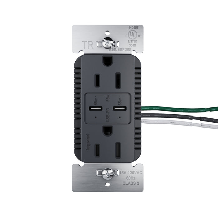 Pass and Seymour Radiant 65W USB Outlet Type C 15A Tamper-Resistant Graphite (R26USBPD65GCC6)