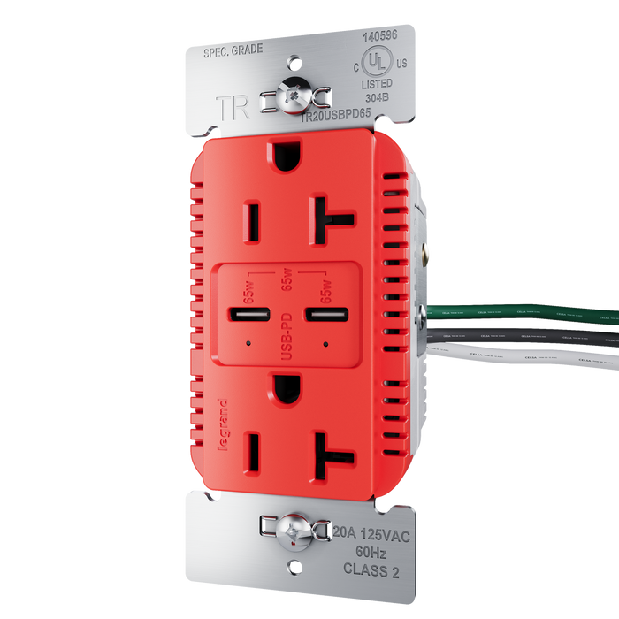 Pass and Seymour 65W Power Delivery USB Outlet Type C Tamper-Resistant Duplex 20A Red (TR20USBPD65RED)