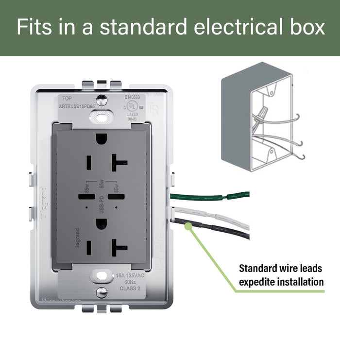 Pass and Seymour Adorne 65W USB Outlet Plus-Size Type C 20A Tamper-Resistant Magnesium (ARTRUSB20PD65M4)