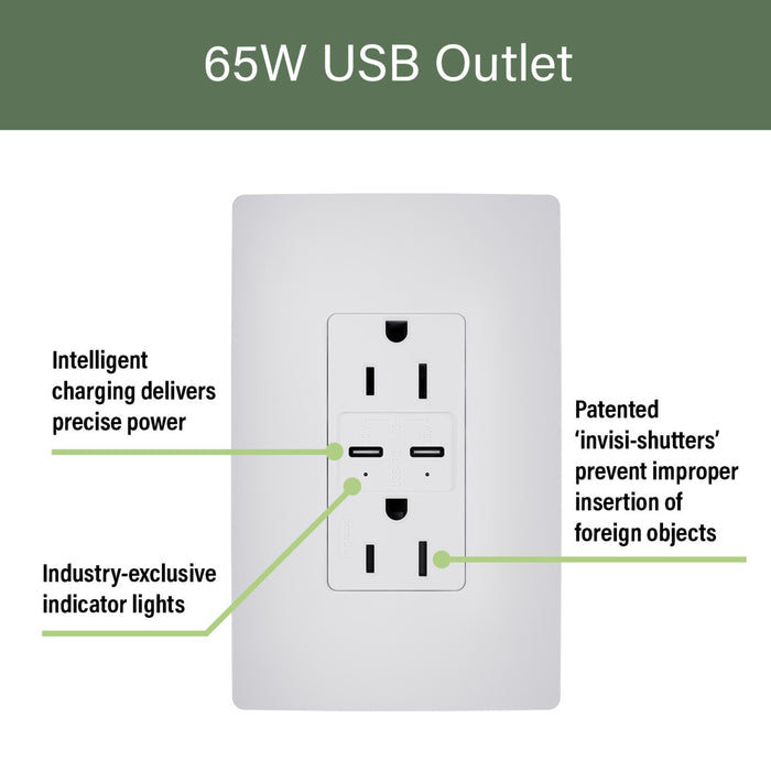Pass and Seymour Radiant 65W Power Delivery USB Outlet Tamper-Resistant Duplex 15A Gray (R26USBPD65GRY)