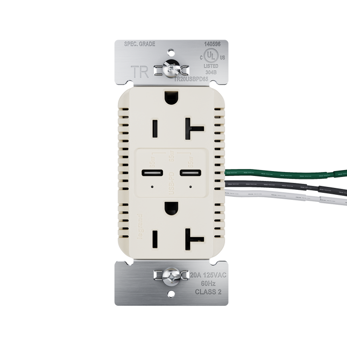 Pass and Seymour 65W Power Delivery USB Outlet Type C Tamper-Resistant Duplex 20A Light Almond (TR20USBPD65LA)