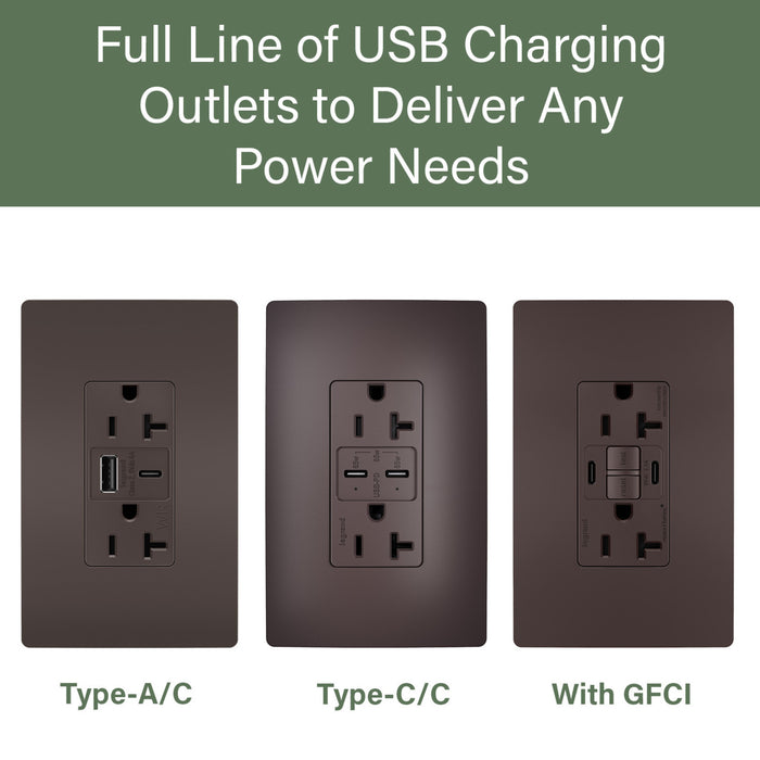 Pass and Seymour 65W Power Delivery USB Outlet Type C Tamper-Resistant Duplex 20A Brown (TR20USBPD65)