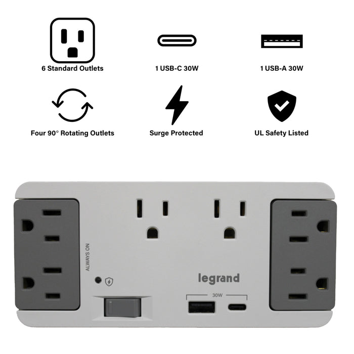 Pass and Seymour 6 Outlet Enclosure Surge Protector With One USB-A and One USB-C Gray/White (AC1062)