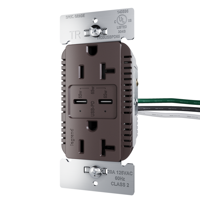 Pass and Seymour 65W Power Delivery USB Outlet Type C Tamper-Resistant Duplex 20A Brown (TR20USBPD65)
