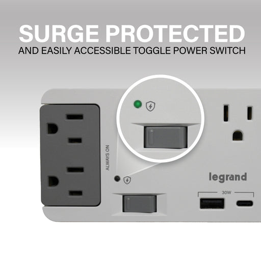 Pass and Seymour 6 Outlet Enclosure Surge Protector With One USB-A and One USB-C Gray/White (AC1062)