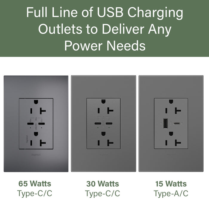 Pass and Seymour Adorne 65W USB Outlet Plus-Size Type C 20A Tamper-Resistant Magnesium (ARTRUSB20PD65M4)