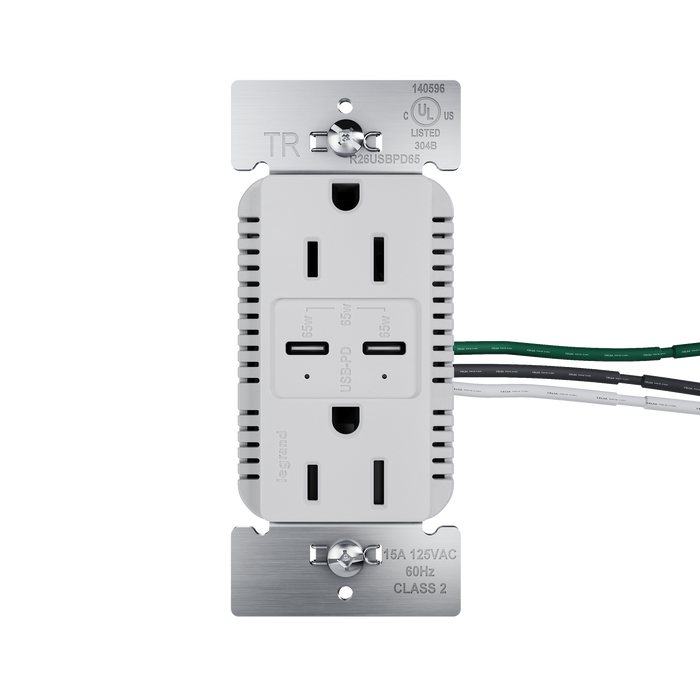 Pass and Seymour Radiant 65W Power Delivery USB Outlet Tamper-Resistant Duplex 15A Gray (R26USBPD65GRY)