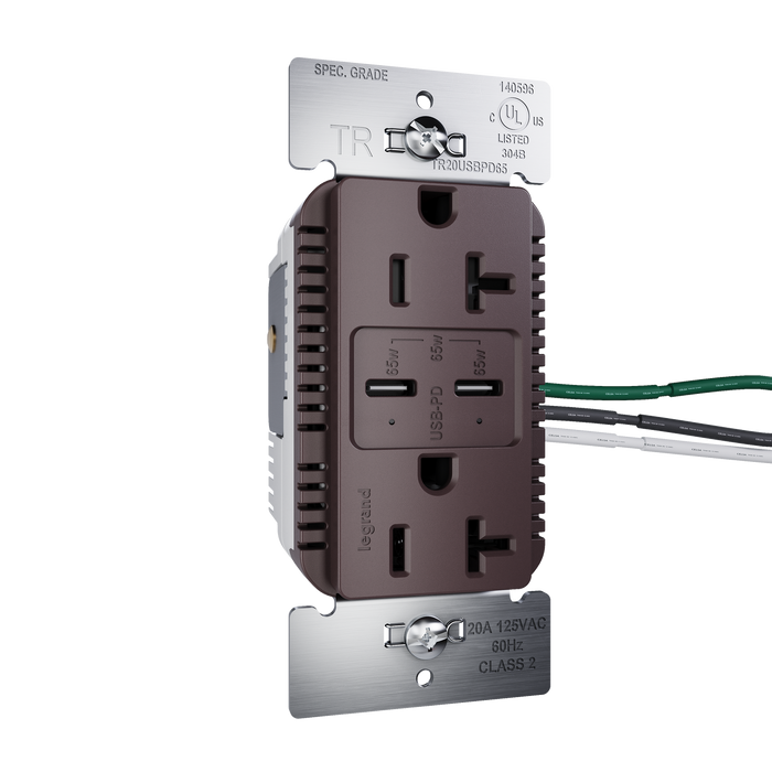 Pass and Seymour 65W Power Delivery USB Outlet Type C Tamper-Resistant Duplex 20A Dark Bronze (TR20USBPD65DB)