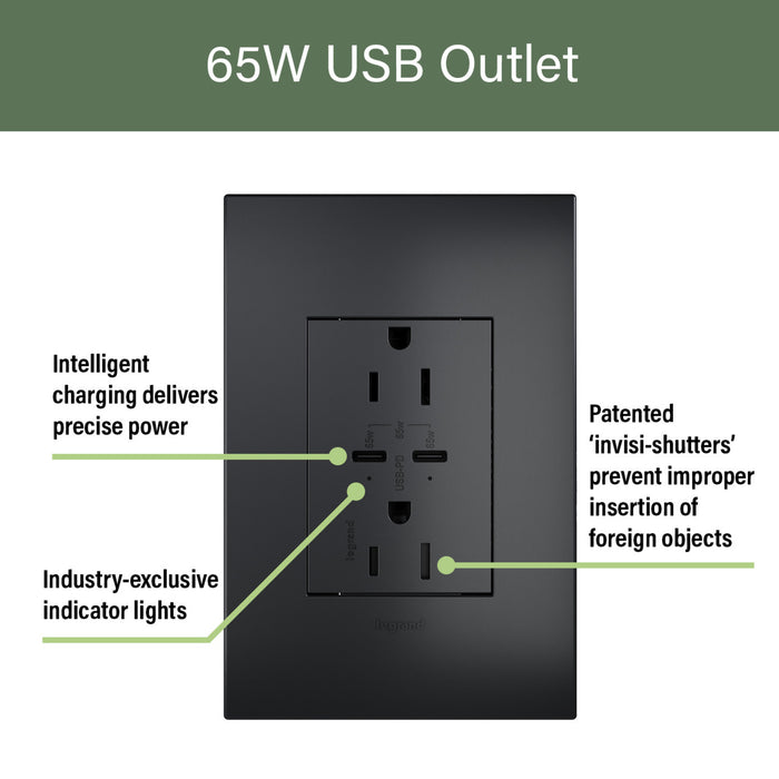 Pass and Seymour Adorne 65W USB Outlet Plus-Size Type C 15A Tamper-Resistant Graphite (ARTRUSB15PD65G4)