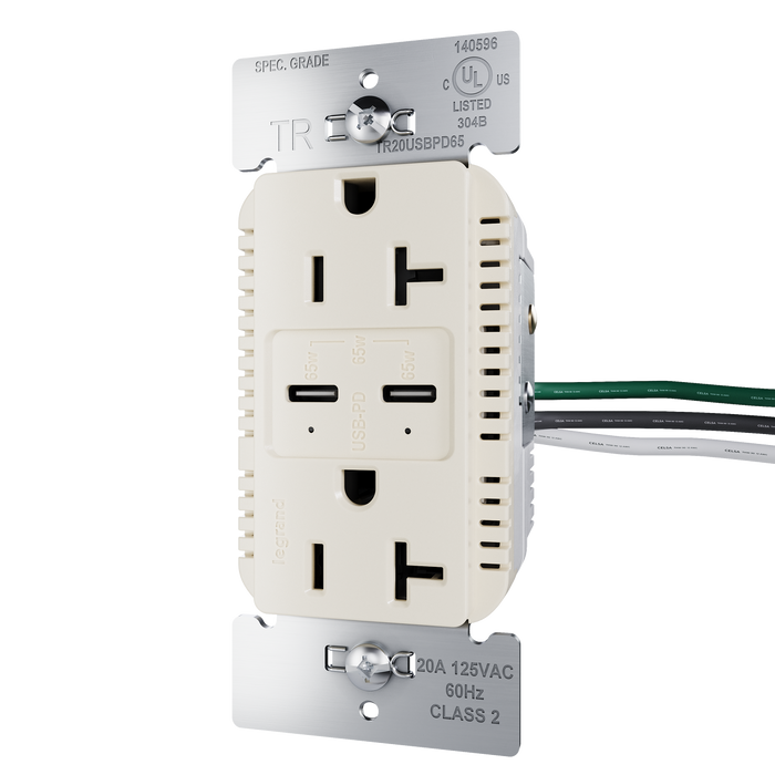 Pass and Seymour 65W Power Delivery USB Outlet Type C Tamper-Resistant Duplex 20A Light Almond (TR20USBPD65LA)