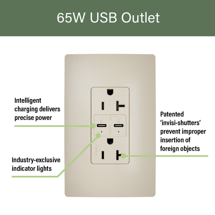 Pass and Seymour 65W Power Delivery USB Outlet Type C Tamper-Resistant Duplex 20A Ivory (TR20USBPD65I)