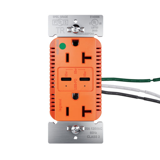 Pass and Seymour 65W Hospital Grade USB Outlet Type C 20A Tamper-Resistant Orange (TR20HUSBPD65OR)