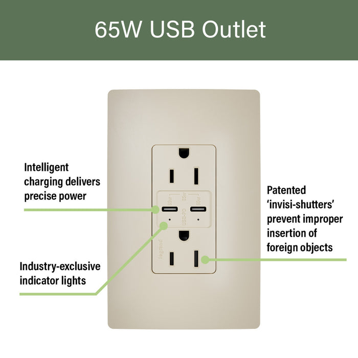 Pass and Seymour Radiant 65W Power Delivery USB Outlet Tamper-Resistant Duplex 15A Ivory (R26USBPD65I)