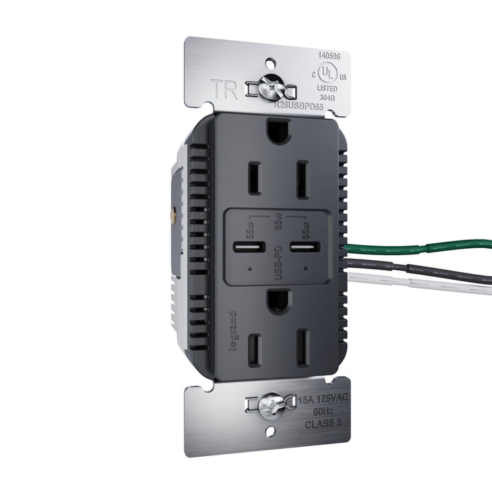 Pass and Seymour Radiant 65W USB Outlet Type C 15A Tamper-Resistant Graphite (R26USBPD65GCC6)