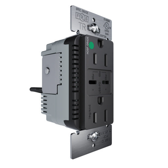 Pass and Seymour 65W Hospital Grade USB Outlet Type C 15A Tamper-Resistant Black (TR15HUSBPD65BK)