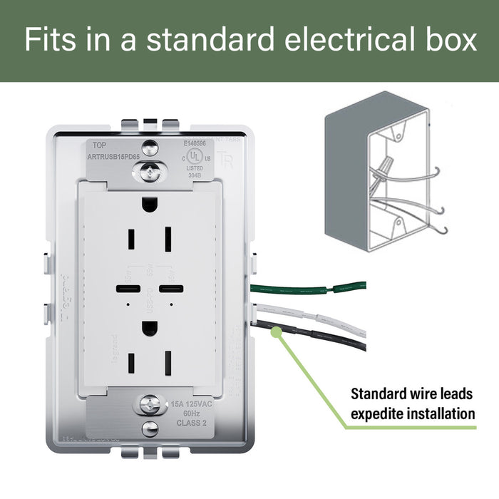 Pass and Seymour Adorne 65W USB Outlet Plus-Size Type C 15A Tamper-Resistant White (ARTRUSB15PD65W4)