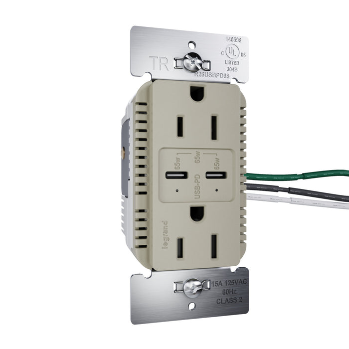 Pass and Seymour Radiant 65W USB Outlet Type C 15A Tamper-Resistant Nickel (R26USBPD65NICC6)